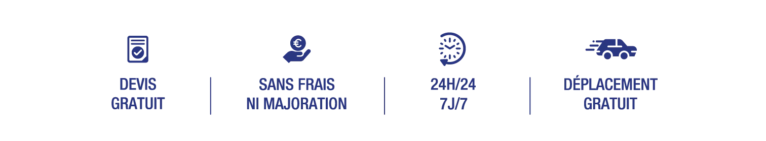 Devis gratuit · Sans frais ni majoration · 24h/24 7j/7 · Déplacement gratuit